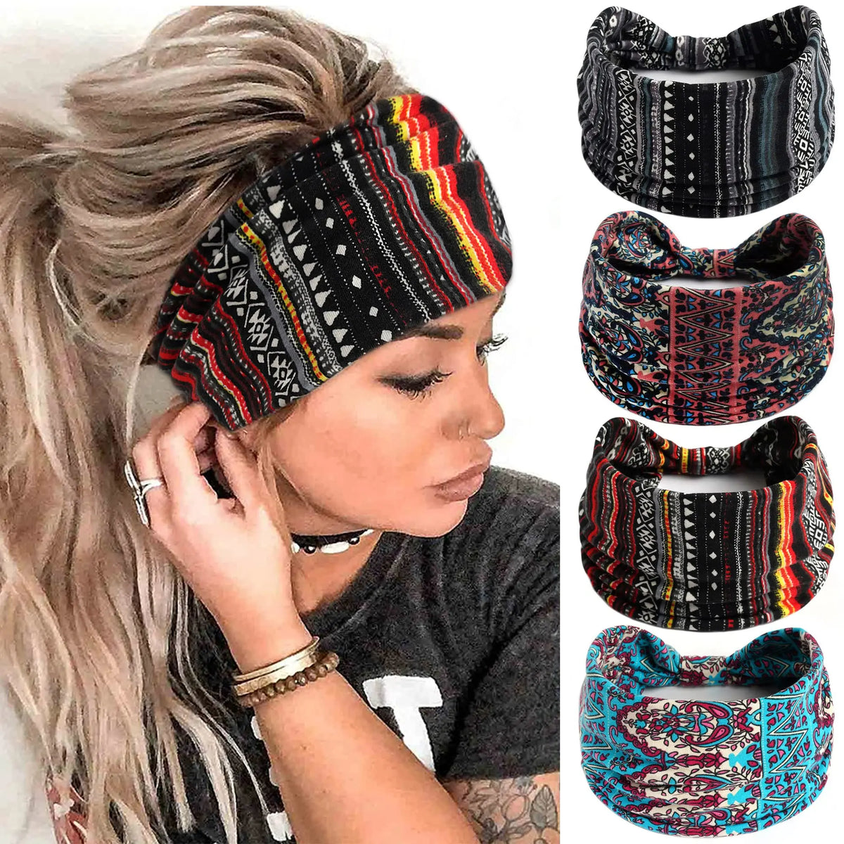 A woman wearing a black knitted headband with colorful geometric patterns on her head.