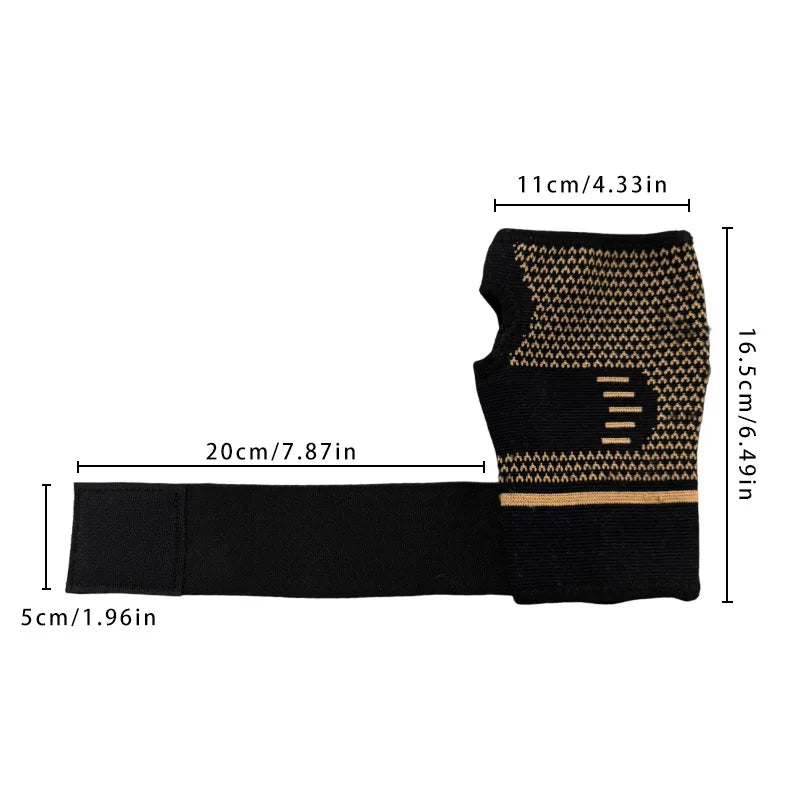 Black knit wrist compression brace shown with dimensions and a measurement scale.