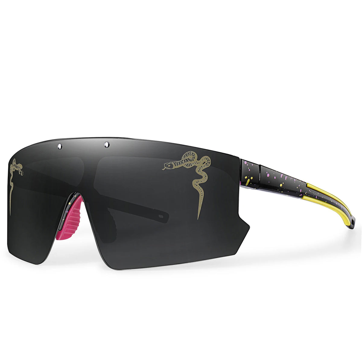 Black cycling sunglasses with gold detailing and a purple-tipped arm.