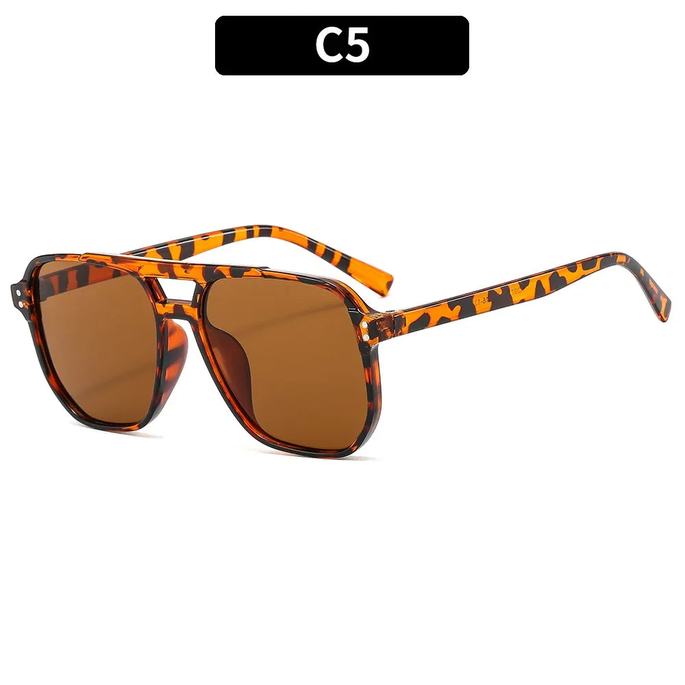 Orange and black leopard print vintage square sunglasses with a double bridge