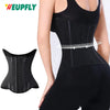 A woman wearing a black invisible waist trainer corset for tummy control.