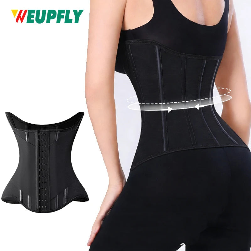 A woman wearing a black invisible waist trainer corset for tummy control.