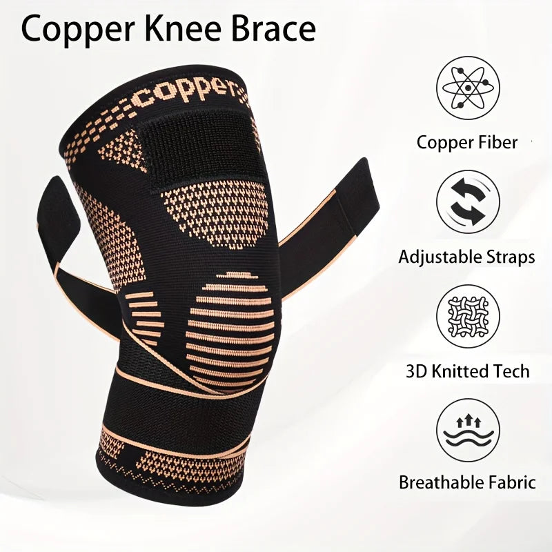 Schwarze Kupfer-Kniebandage mit verstellbaren Riemen, zeigt Merkmale wie Kupferfaser und atmungsaktiven Stoff.