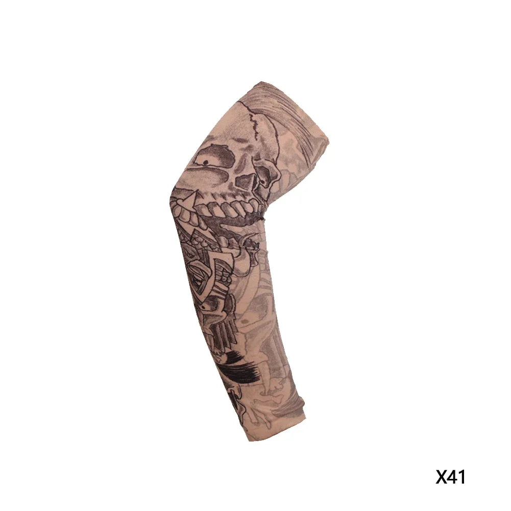 A rolled reusable stretch tattoo arm sleeve featuring a detailed skull design.