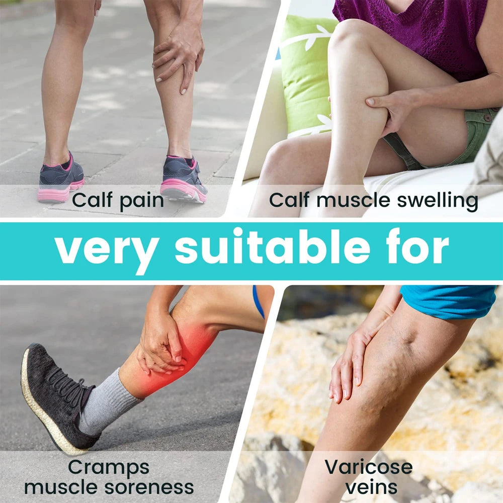 An adjustable calf compression brace is shown being used to treat calf pain, muscle swelling, cramps, soreness, and varicose 