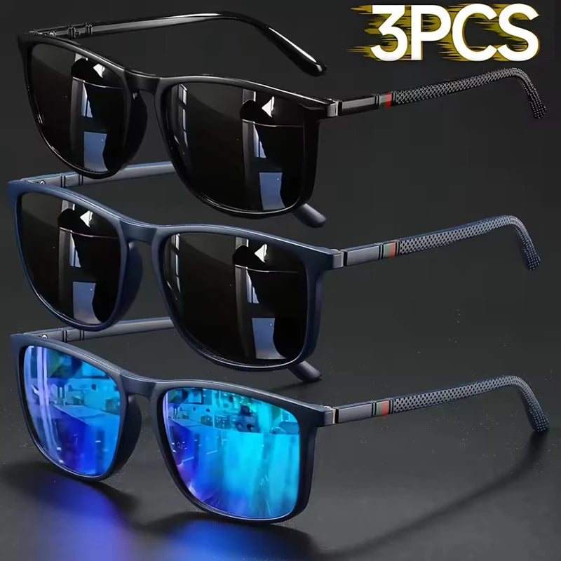 Three pairs of vintage square sunglasses are displayed against a dark background.