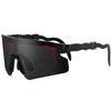Black protective cycling sunglasses with red accents and a textured strap