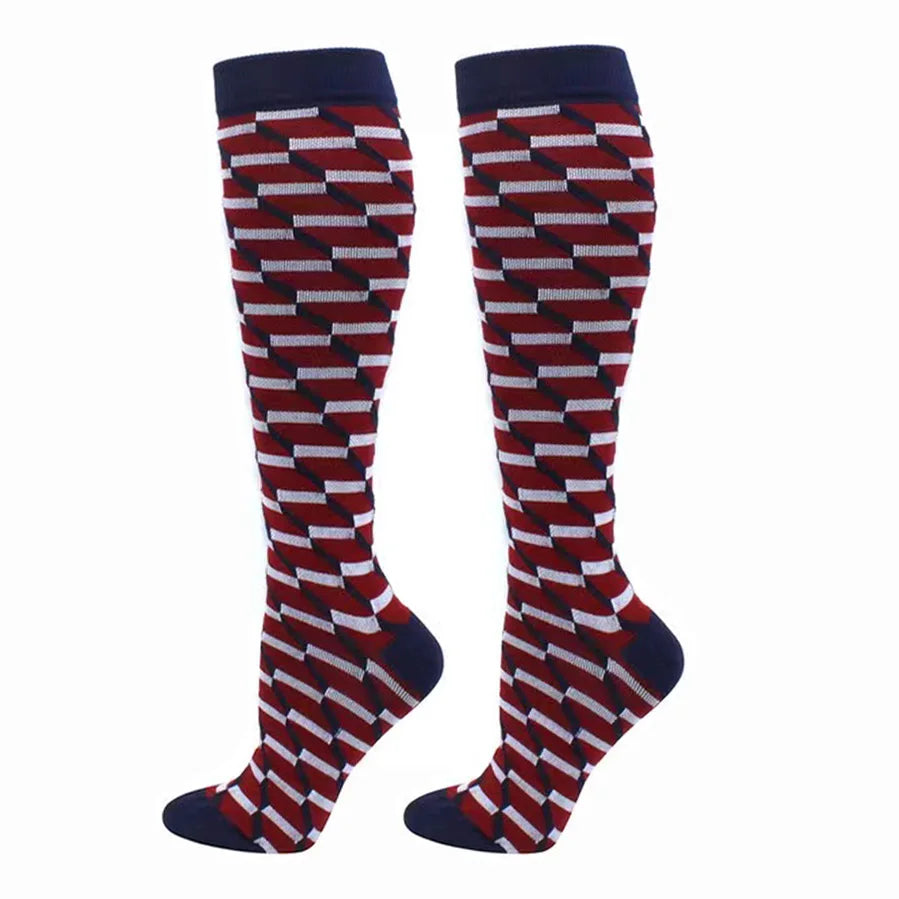 Pair of red and black checkered compression elastic socks for sports and daily wear