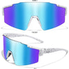 A pair of blue and purple cycling sunglasses shown in front view and at a 45-degree angle.