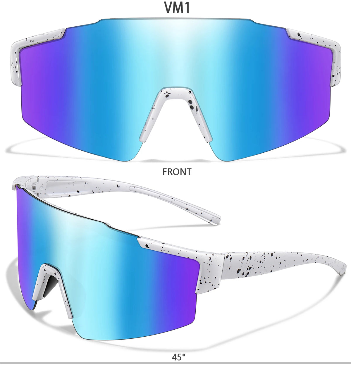 A pair of blue and purple cycling sunglasses shown in front view and at a 45-degree angle.