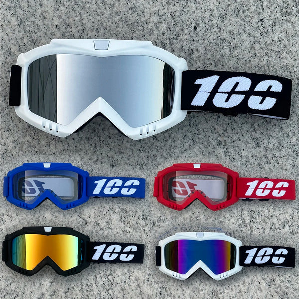 A collection of five heavy-duty motorcycle and ATV goggles in various colors and styles.