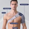 A man wearing a gray adjustable shoulder support brace for rotator cuff relief.