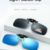 A pair of black polarized sunglasses with a black clip and a blue polarized lens displayed on a white background.