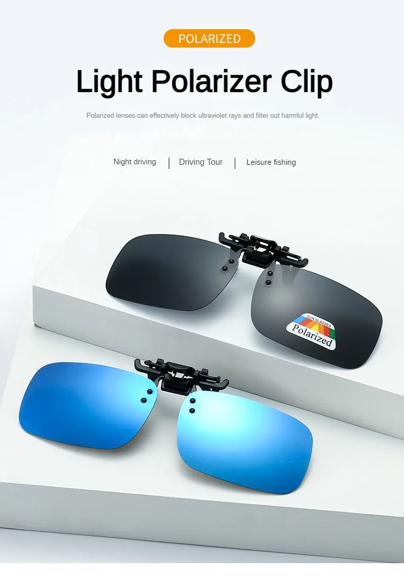 A pair of black polarized sunglasses with a black clip and a blue polarized lens displayed on a white background.