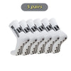 Five pairs of white mid-calf football socks are displayed in a row.
