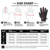 Size chart for touch screen winter tactical gloves showing measurements for different sizes.