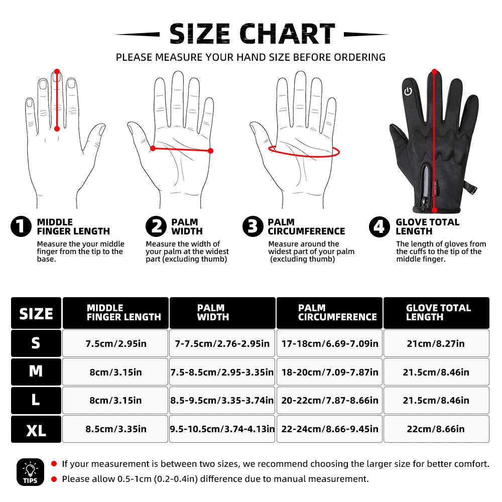 Size chart for touch screen winter tactical gloves showing measurements for different sizes.