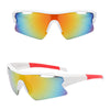 Orange and blue gradient sport sunglasses with white frames shown from the front