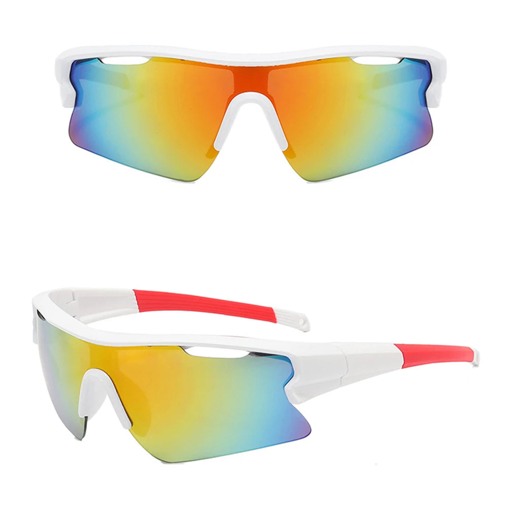 Orange and blue gradient sport sunglasses with white frames shown from the front