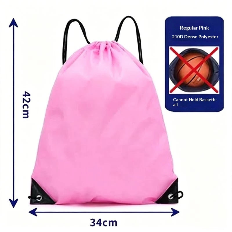 Pink durable nylon drawstring backpack with black trim and carrying straps