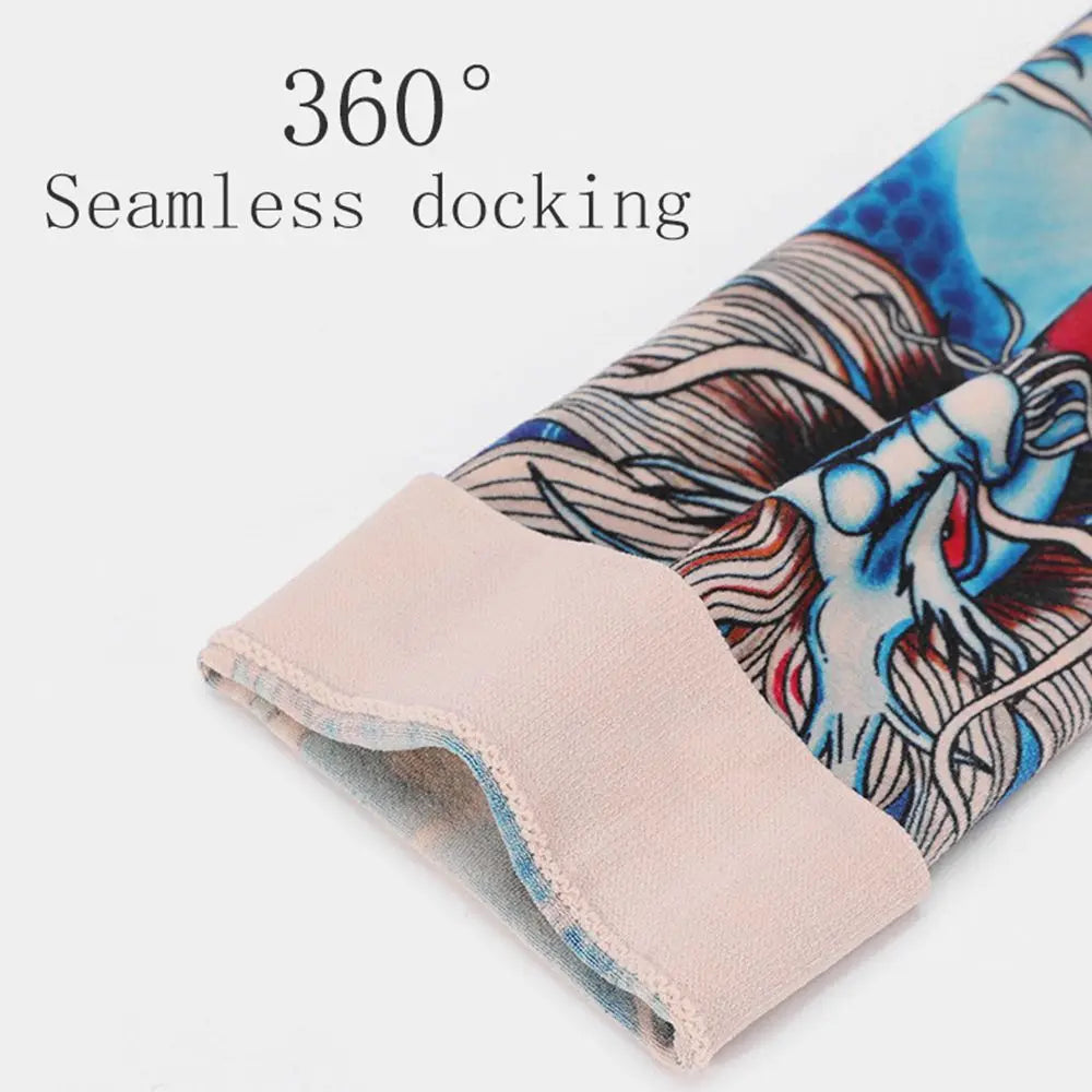 Close-up of a blue and white patterned ice silk tattoo sleeve showing a seamless docking feature.