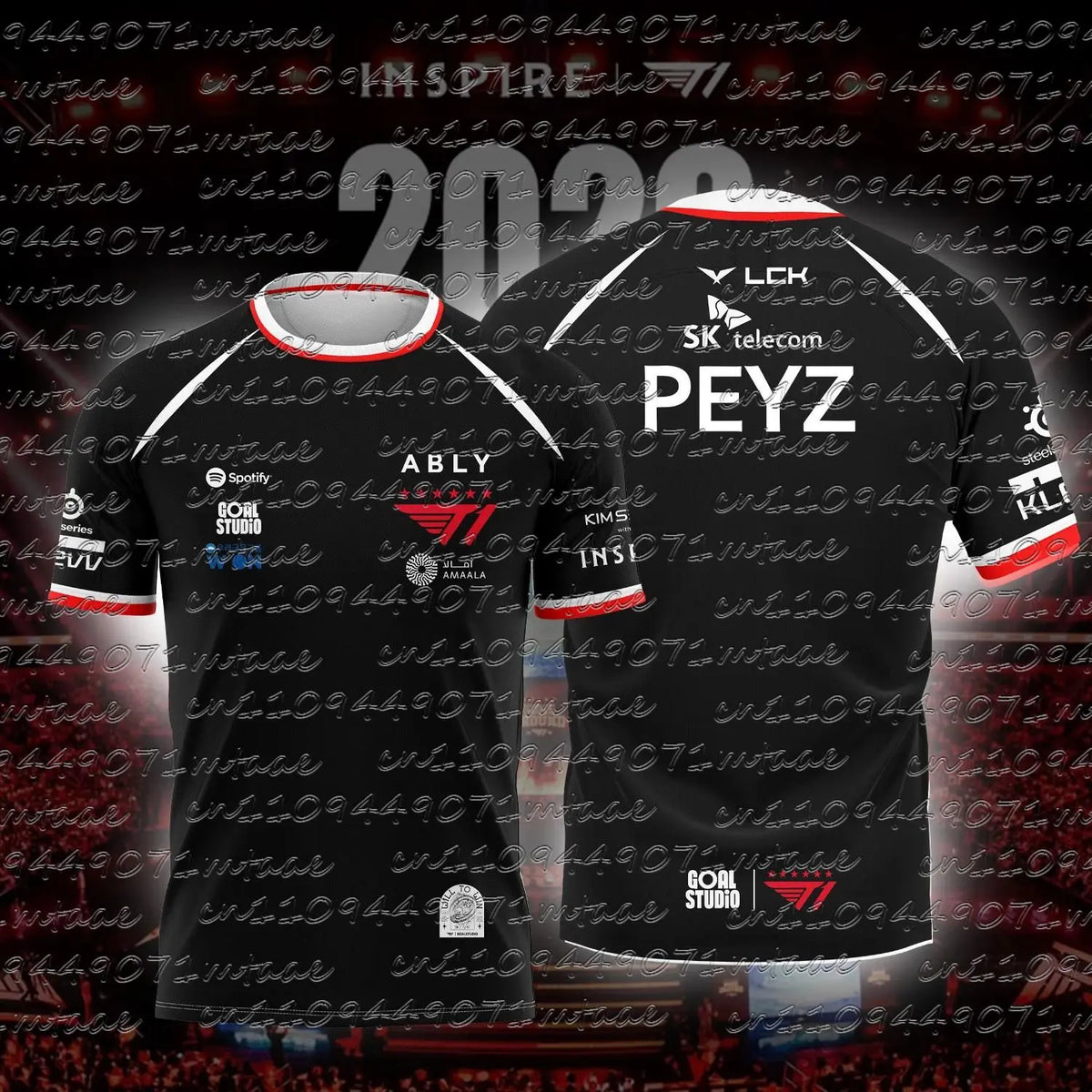 A black esports team jersey with red accents featuring the name PEYZ and sponsor logos.