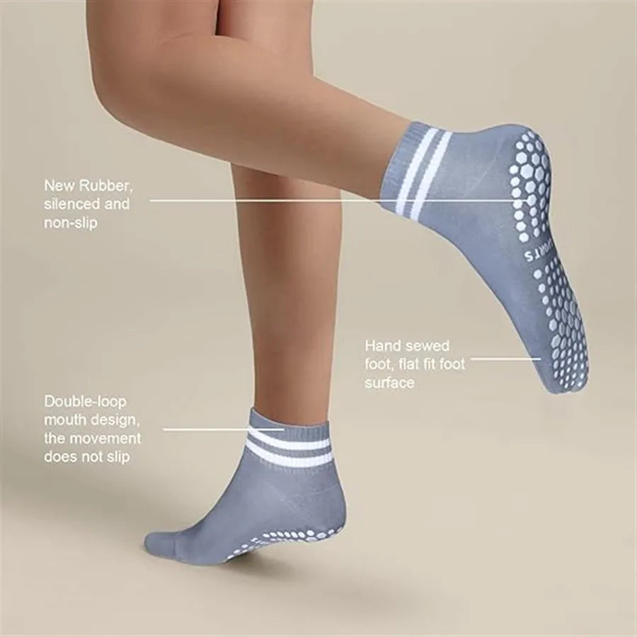 A close-up of blue non-slip grip socks being worn on a leg, highlighting features like silicone grip and double-loop mouth de