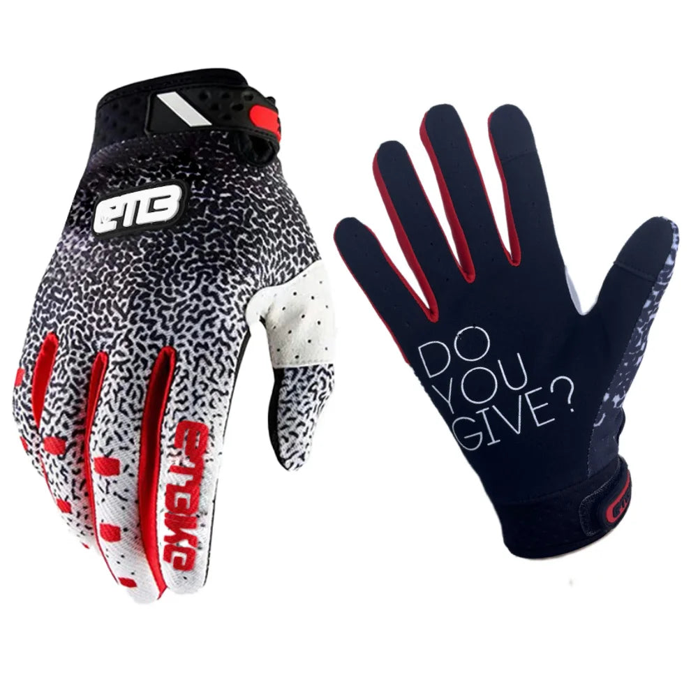 A pair of black and white durable riding gloves for motorcycle and off-road sports