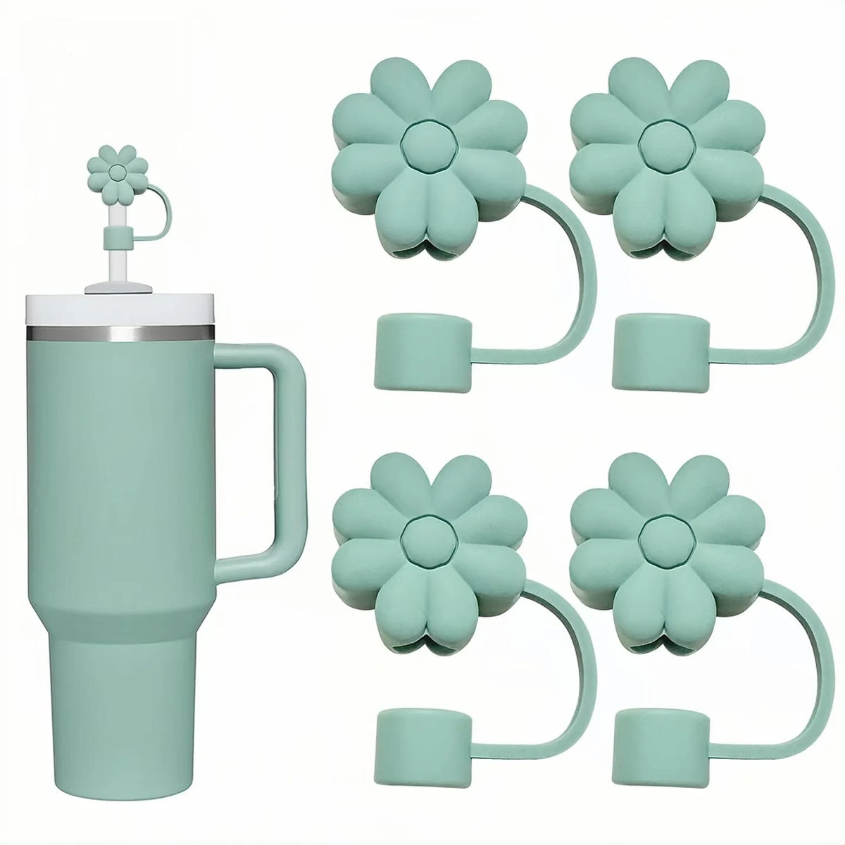 A teal silicone straw cover and tumbler set with multiple flower-shaped silicone covers.