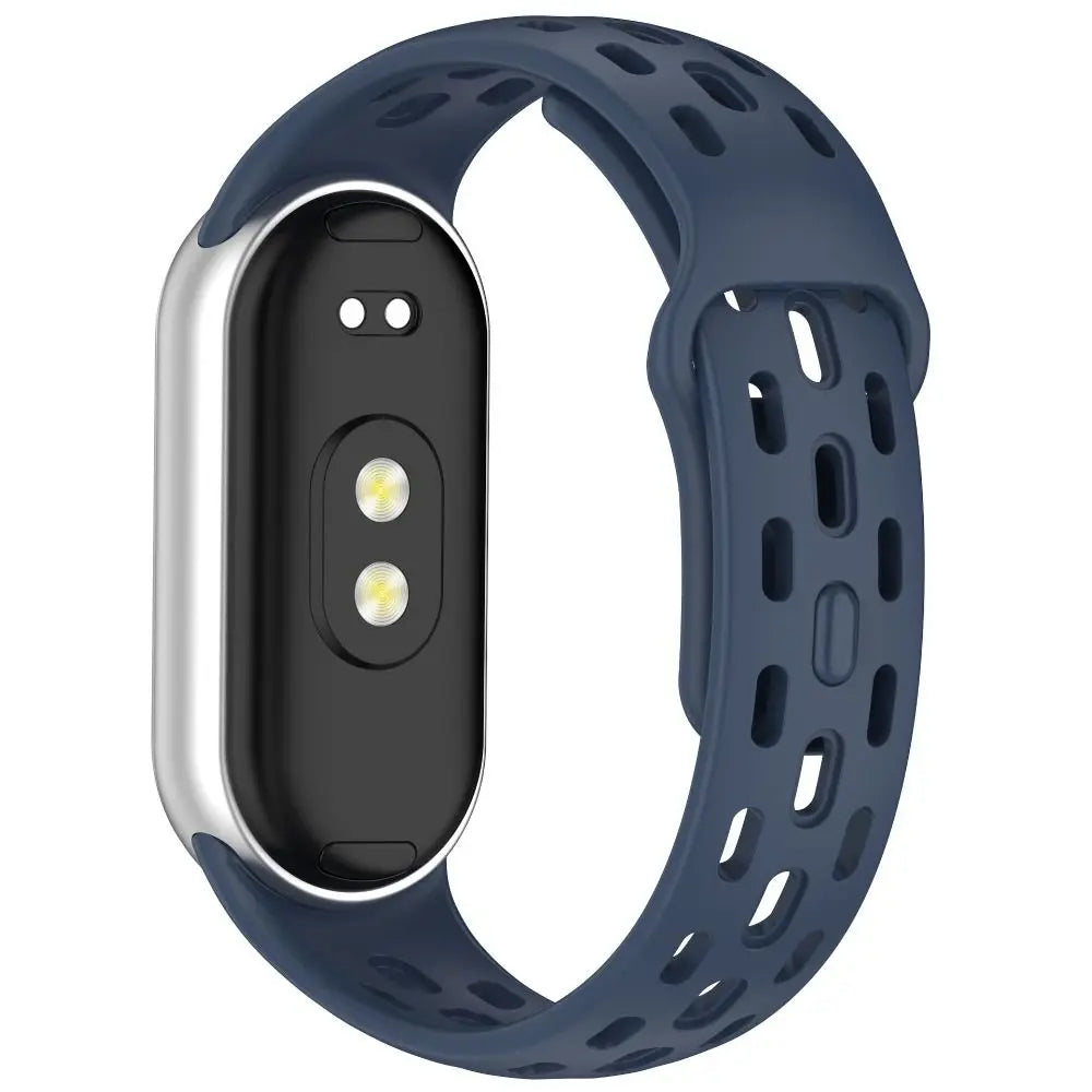 A dark blue breathable TPU smart watch band replacement with a silver casing and black display.