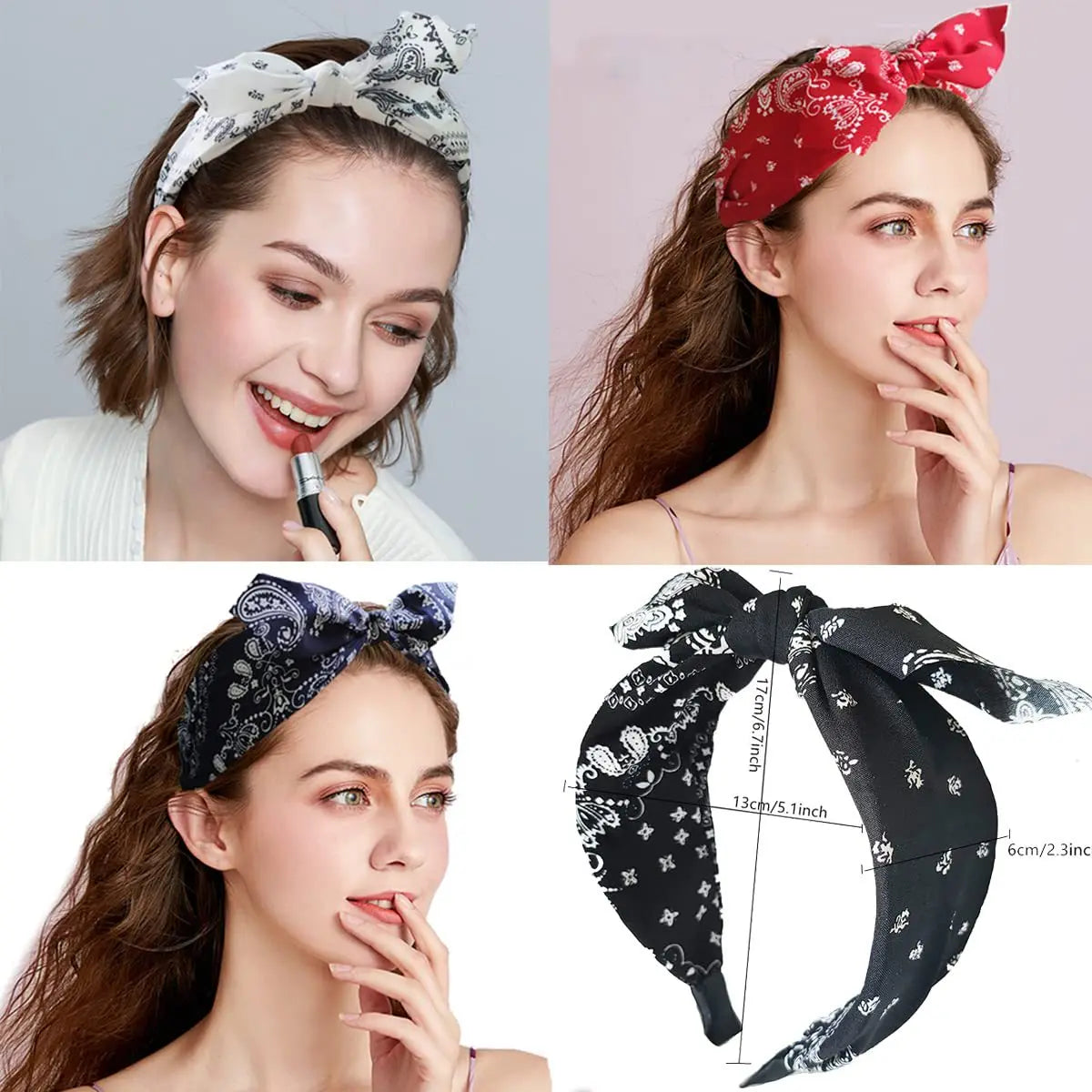 A woman models a black paisley bandana headband tied in a bow on her hair.