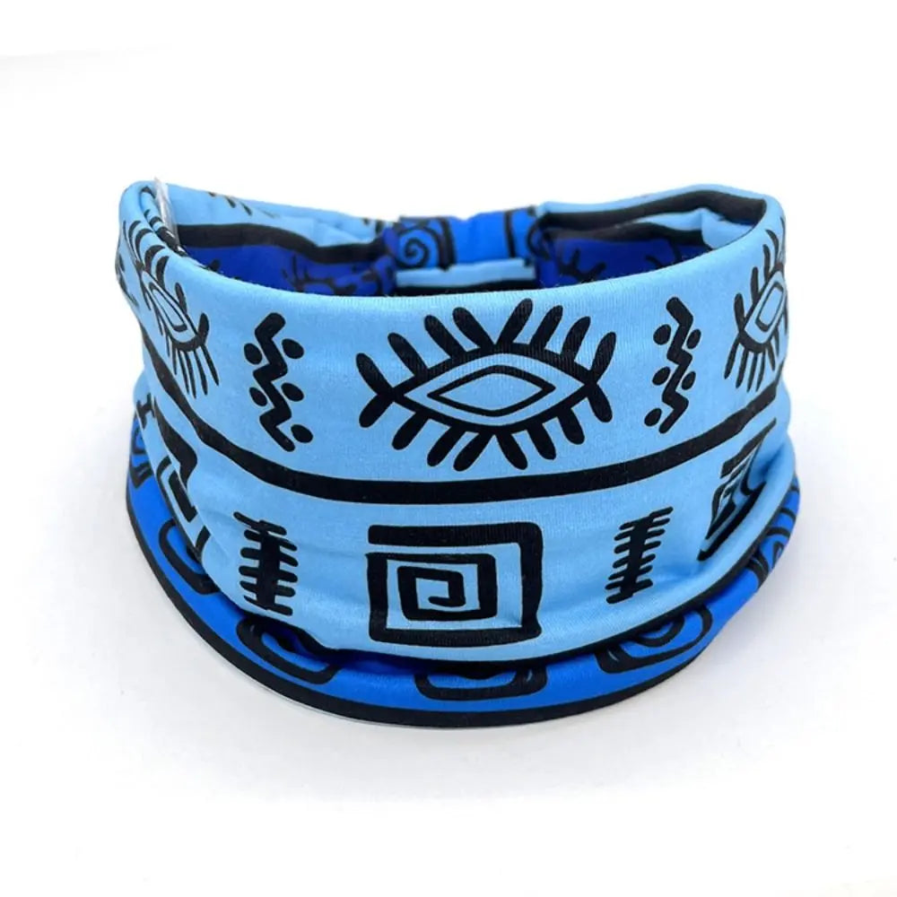Large headband hair wrap with blue and black bohemian print and geometric patterns