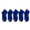A row of eight royal blue men's breathable ankle boat socks with yellow accents.