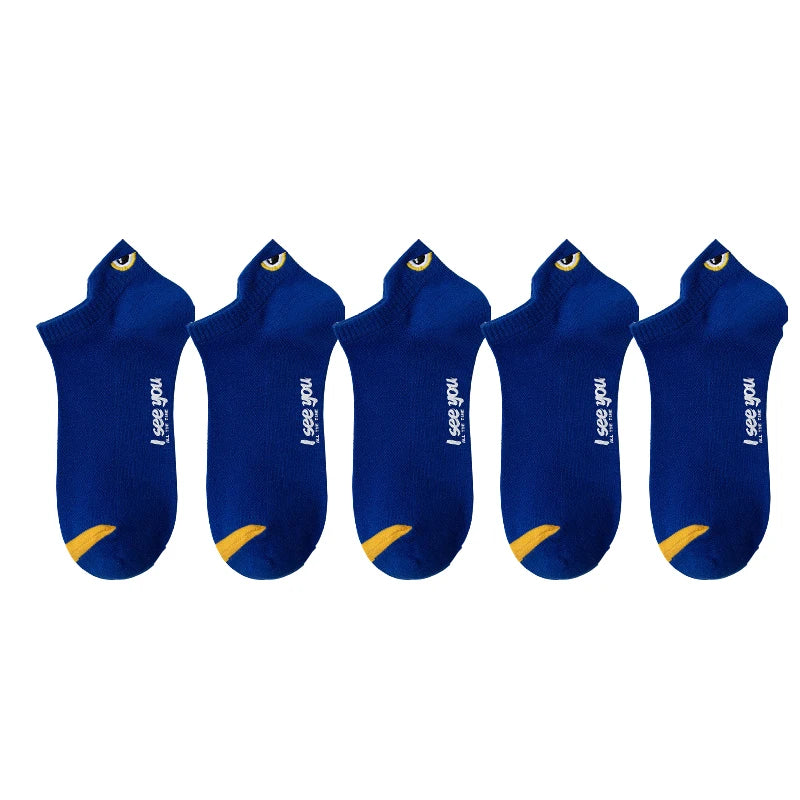 A row of eight royal blue men's breathable ankle boat socks with yellow accents.