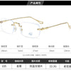 Frameless rectangle blue light blocking glasses with gold-tone metal frame and various measurements listed below