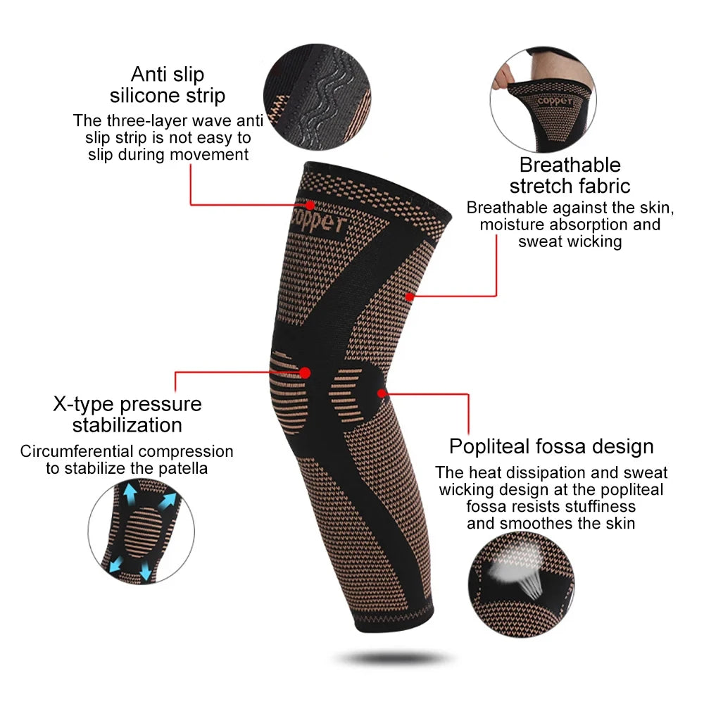 Black knee compression sleeve with anti slip strip and breathable fabric for stability