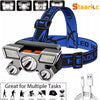 A black and blue LED headlamp with multiple light modes shown alongside its components.