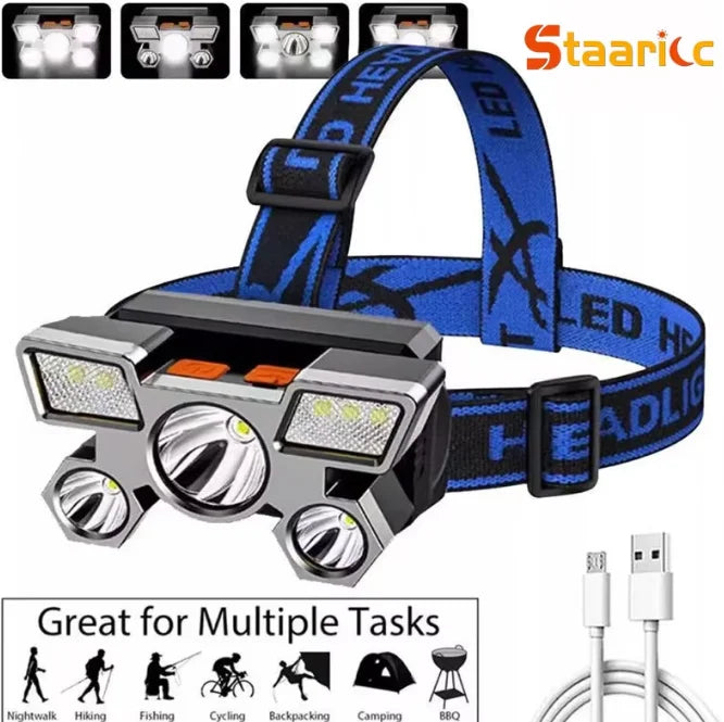 A black and blue LED headlamp with multiple light modes shown alongside its components.
