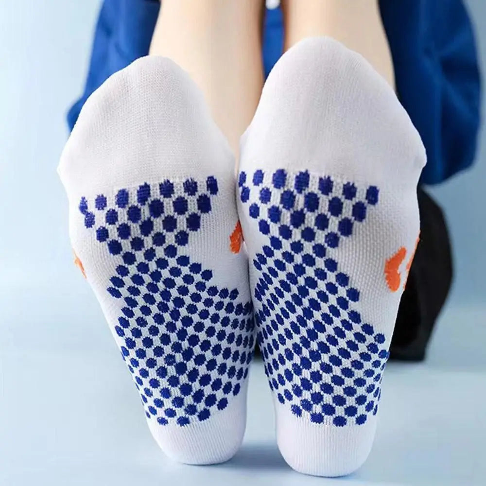 Pair of white cycling and running socks with blue patterned toe sections