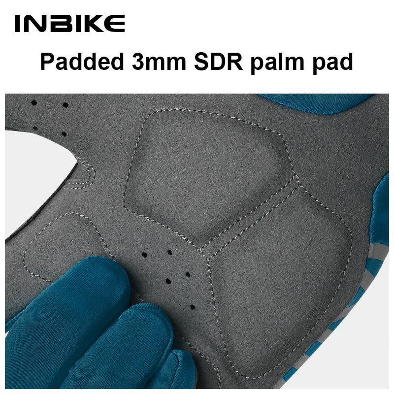 A close-up view of a gray cycling glove showing a padded 3mm SDR palm pad.