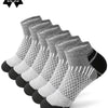 A set of six pairs of gray athletic knit ankle socks displayed on a white background.