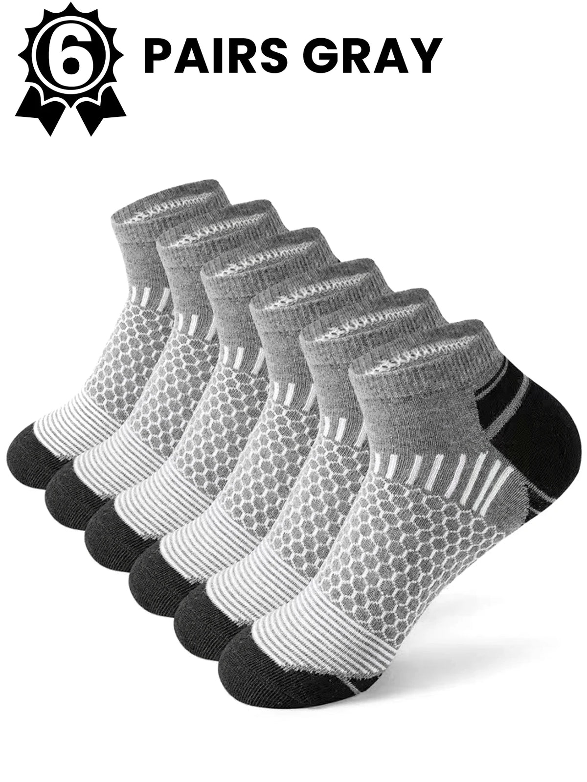 A set of six pairs of gray athletic knit ankle socks displayed on a white background.