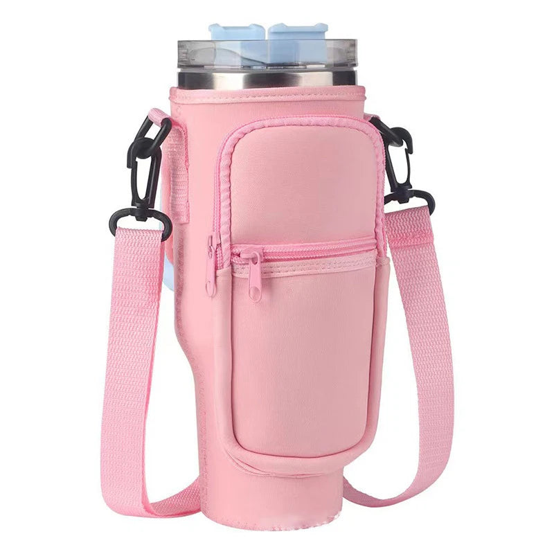 A pink adjustable water bottle carrier bag with a zippered phone pocket and strap.
