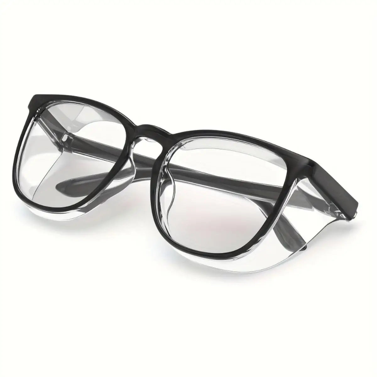 Klares anti-nebelndes Schutzbrille mit schwarzen Rahmen, von oben gezeigt.
