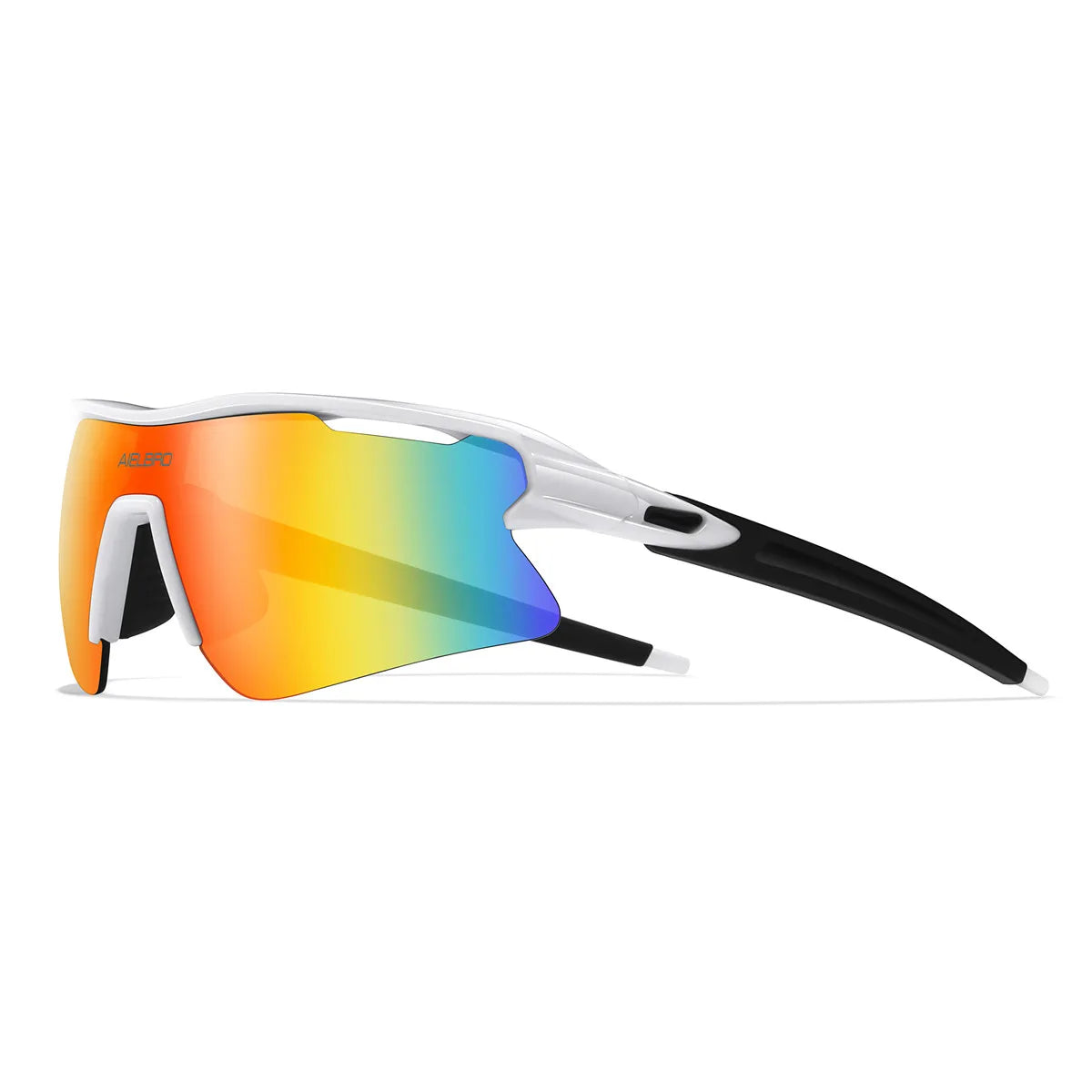 Orange and blue sports sunglasses with white frames shown in a profile view