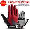 A pair of red and black SBR palm gloves shown against a white background.