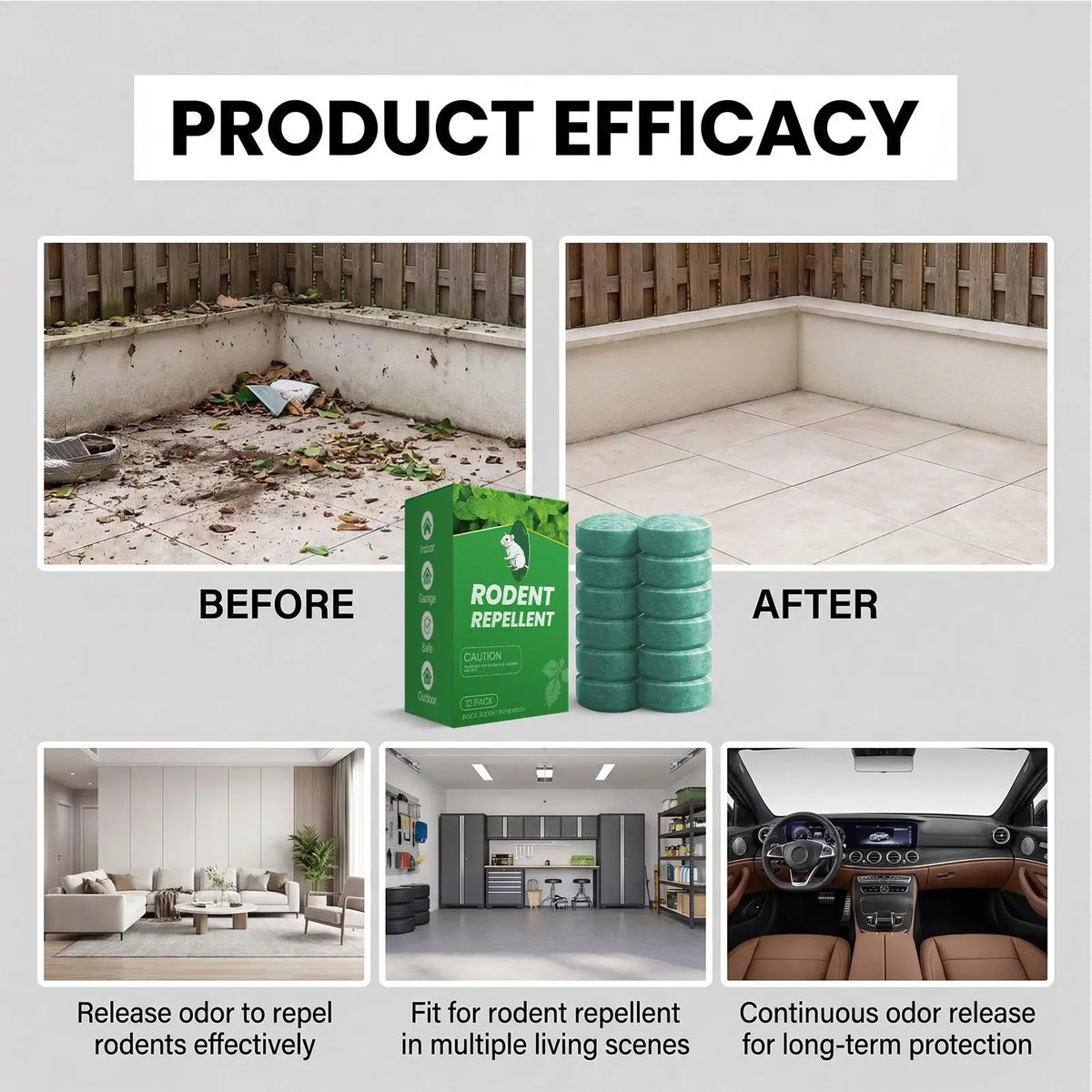 Before and after images showing the efficacy of rodent repellent product for odor control.