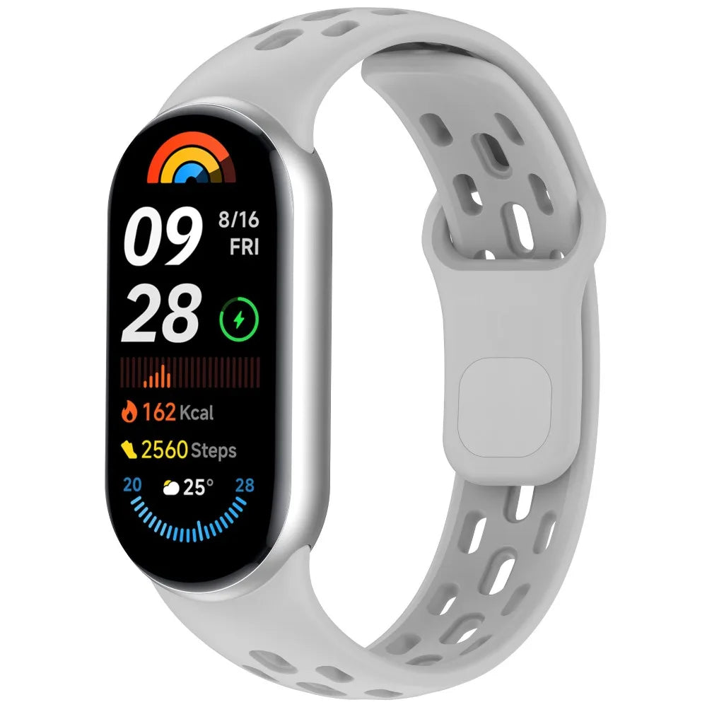 A white smart watch band replacement with a black face displaying workout data and a rainbow graphic.