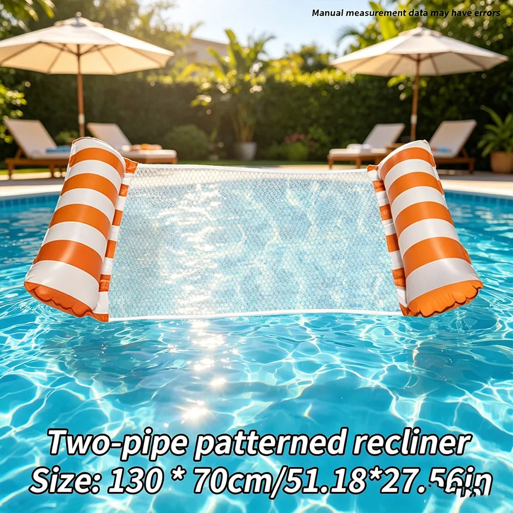 Two-pipe patterned recliner inflatable mesh pool float lounger in orange and white stripes