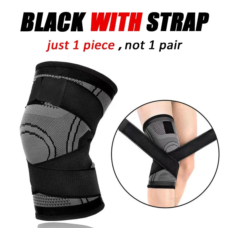 Black knee pad with strap, shown next to a close-up of the pad being applied to a leg.
